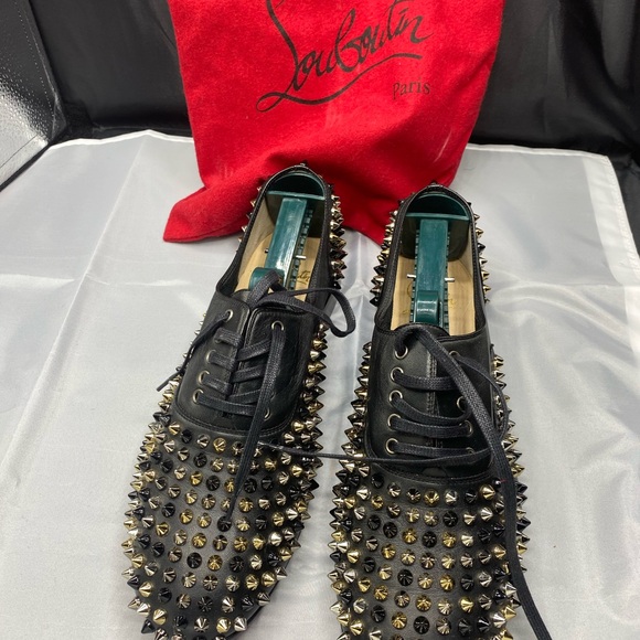 Christian Louboutin Freddie Black Shoes with Gold Studs - Picture 1 of 5